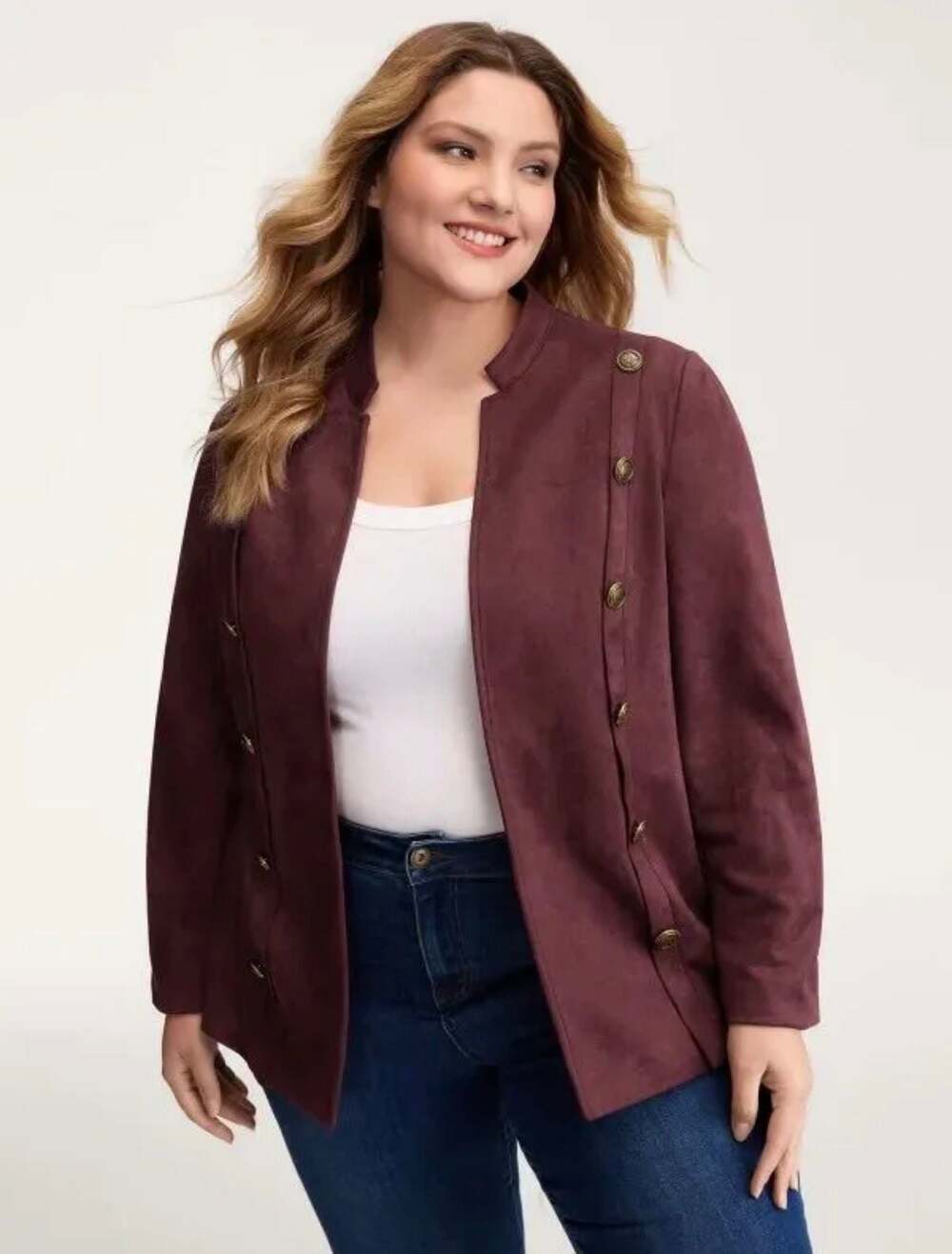 Bloomchic Women's Faux Suede Double-Breasted Stand Collar Jacket